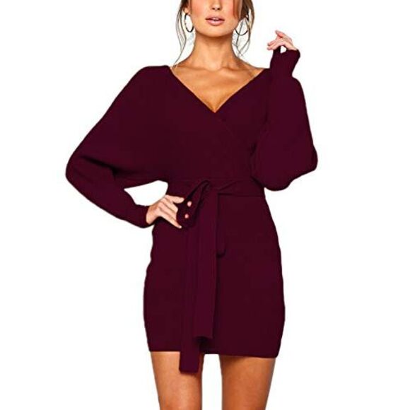 Mansy Tops - Mansy Women's Batwing Long Sleeve Backless Wrap Sweater Mini Dress Burgundy - M,